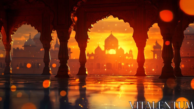 Golden sunset glows over ornate arches and distant domes