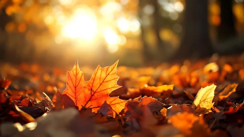 Sunlit maple leaf blazing amid a glowing autumn forest floor.