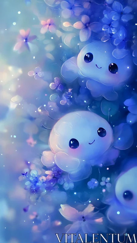 Cute glowing jelly creatures drift among soft blue flowers