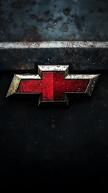 Weathered red badge gleams against dark, rusted metal panel.