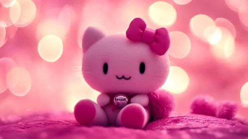 Pink plush kitten in dreamy bokeh sugar-light wonderland.
