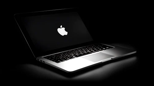 Open silver laptop on black background with logo displayed.