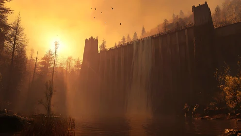 Concrete dam with waterfall backlit by intense orange sunset