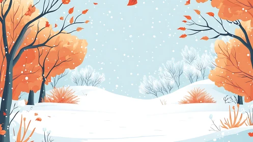 Snow covered landscape frames orange autumn trees calmly