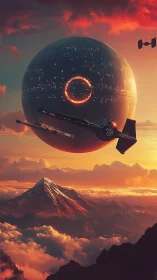 Sunset fortress sphere drifts above ember-lit cloud peaks