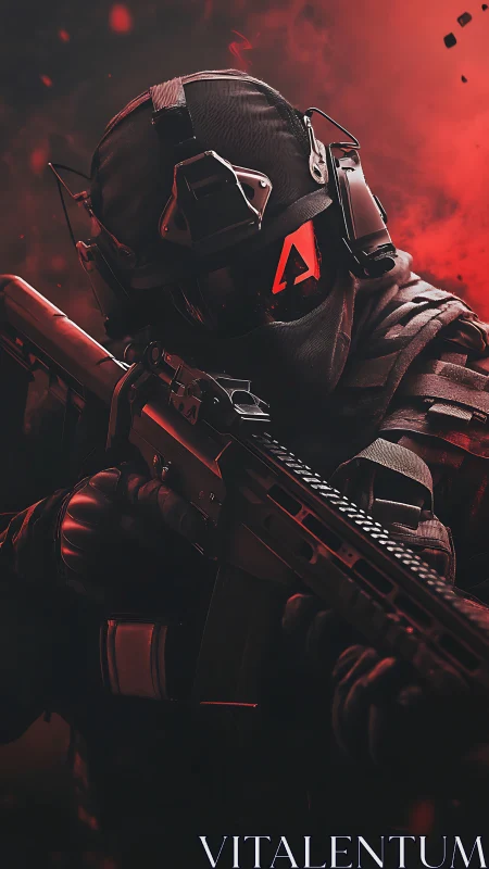 Cybernetic assault operative in red tactical low key lighting.