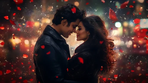 Romantic couple intimate moment with particle effects and warm bokeh lighting.