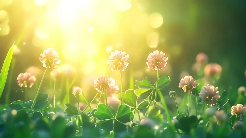Backlit clover flowers in low meadow under strong sunlight.