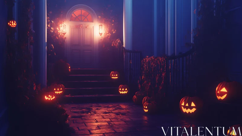 Moody Halloween porch scene with volumetric glow and carved pumpkins