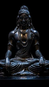 Luminous dark metal deity in serene meditative stillness.