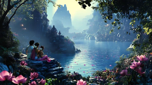 Family resting by serene fantasy lake in lush valley scene.