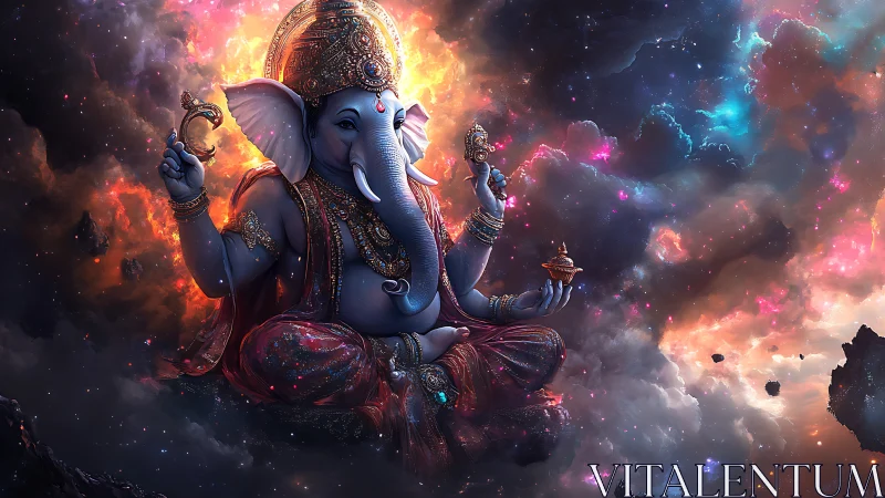 Radiant cosmic deity floats in swirling nebula light