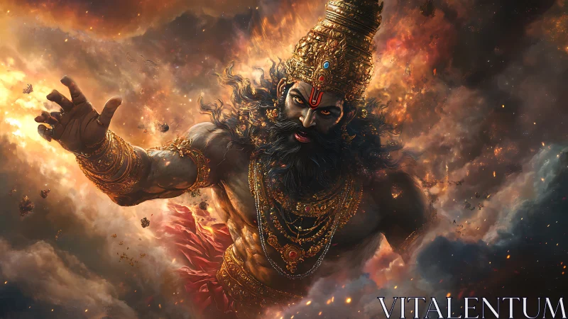 Storm crowned titan strides through ember painted cosmos.