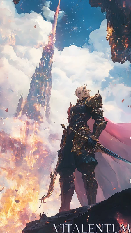 Armored swordsman surveys burning sky tower from rocky ledge