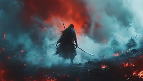 Armored figure stands in burning landscape with dense smoke