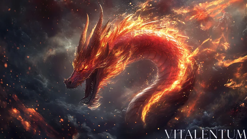 Blazing fire dragon coils through stormy embers in midair
