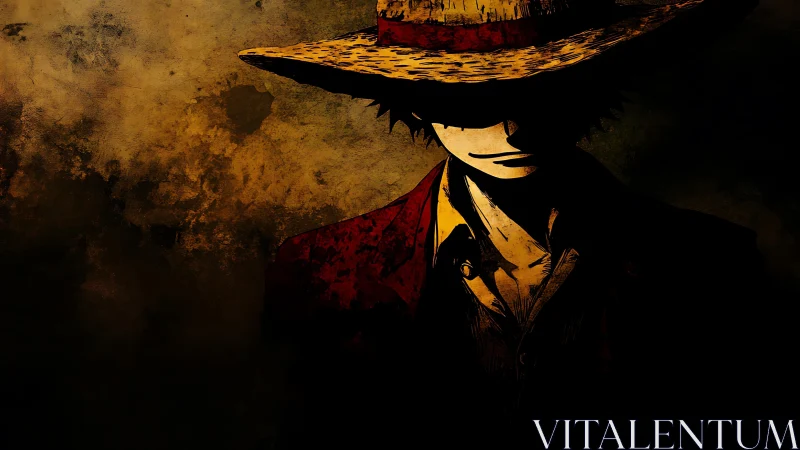 Shadowed anime figure in straw hat rendered with grunge chiaroscuro
