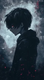 Dark-haired boy with glowing red eyes amid storm haze.