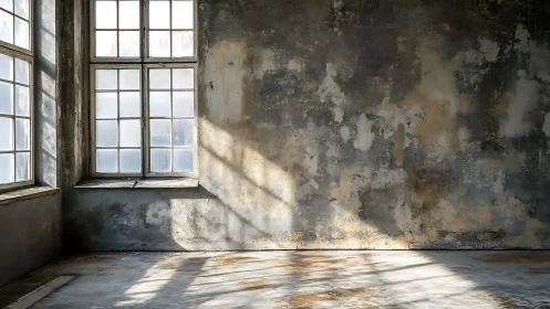 Soft morning light warming a weathered, empty room.