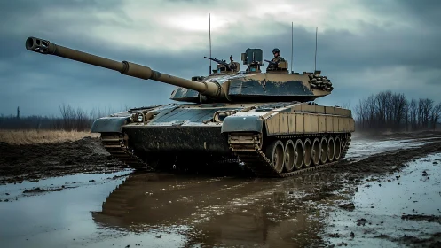 Main battle tank advancing through saturated mud terrain.