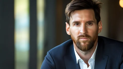 Bearded man in navy suit posed indoors, direct gaze.