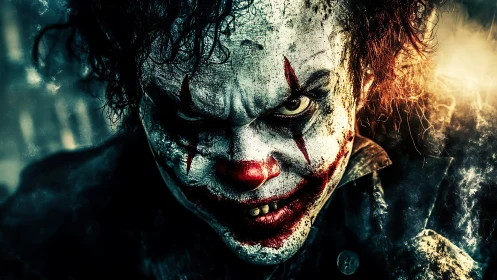 Sinister clown portrait glows with dread in cracked makeup