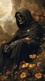Reaper at rest among autumn flowers and whispering cliffs.