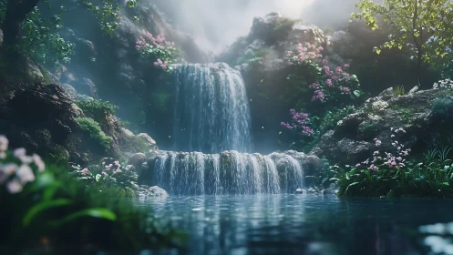 Lush twin-tier waterfall in misty enchanted forest glade.
