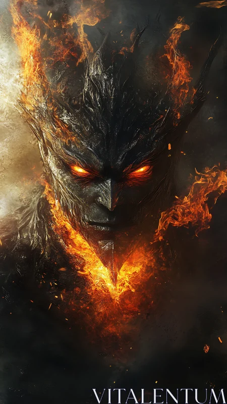 Infernal fire demon emerges from swirling embers and smoke