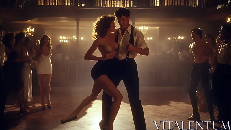 Intimate Dance Performance in Atmospheric Ballroom Setting with Warm Cinematic Lighting