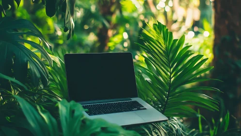 Laptop with blank screen resting amid dense green foliage.