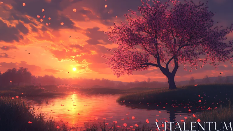 Cherry blossom tree by river at vivid orange sunset.