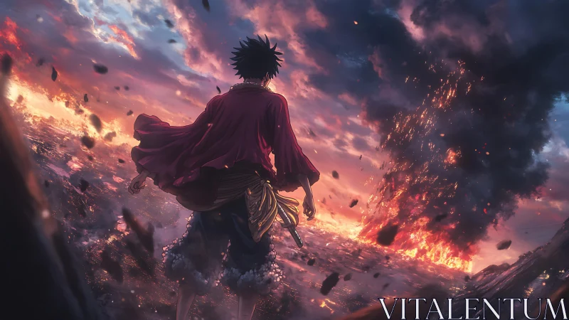 Storm-lit pirate hero facing a burning horizon of chaos.