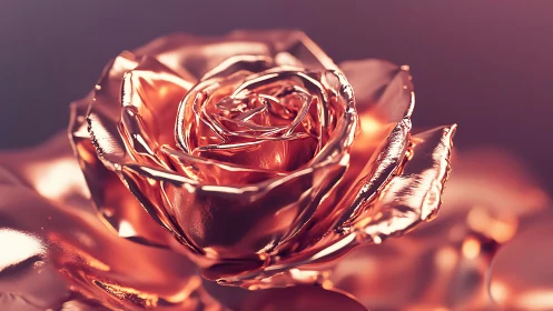 Macro close-up of polished metallic rose in warm bokeh light