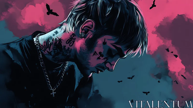 Tattooed figure in profile against pink and teal sky.