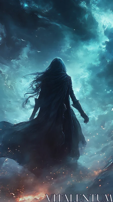 Lone cloaked figure walks through swirling cosmic storm