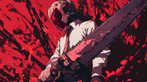 Armored figure with chainsaw weapon against red abstract field.