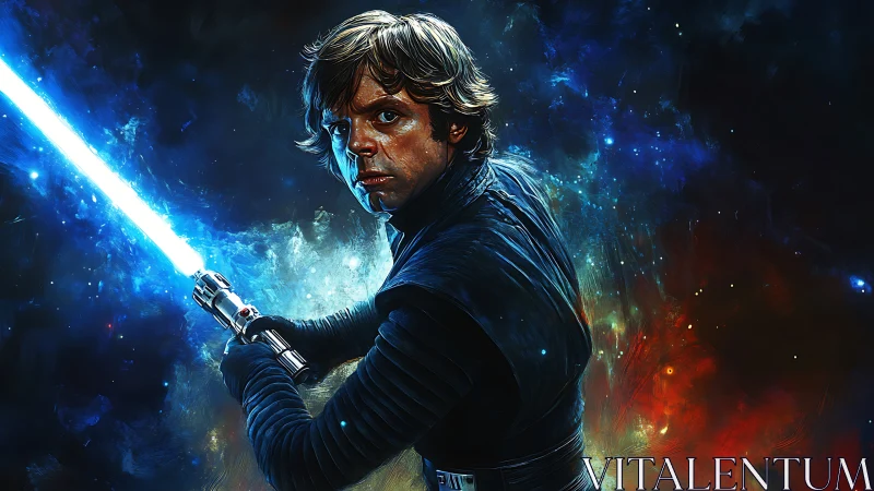 Jedi warrior holds glowing blue lightsaber in deep space