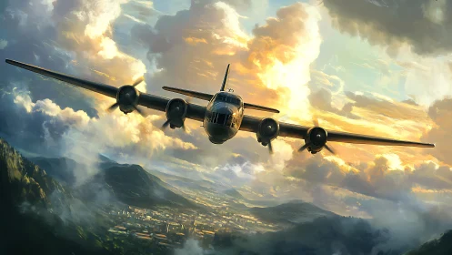 Vintage bomber aircraft soars above sunlit mountain city.