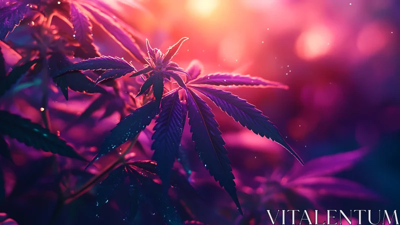 Cannabis leaves glow under vivid pink and purple backlight