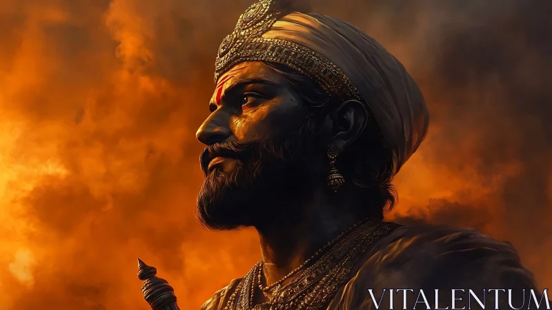 Regal warrior profile in flame-lit atmospheric portrait