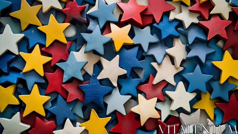 Layered wooden stars in primary-color geometric field.