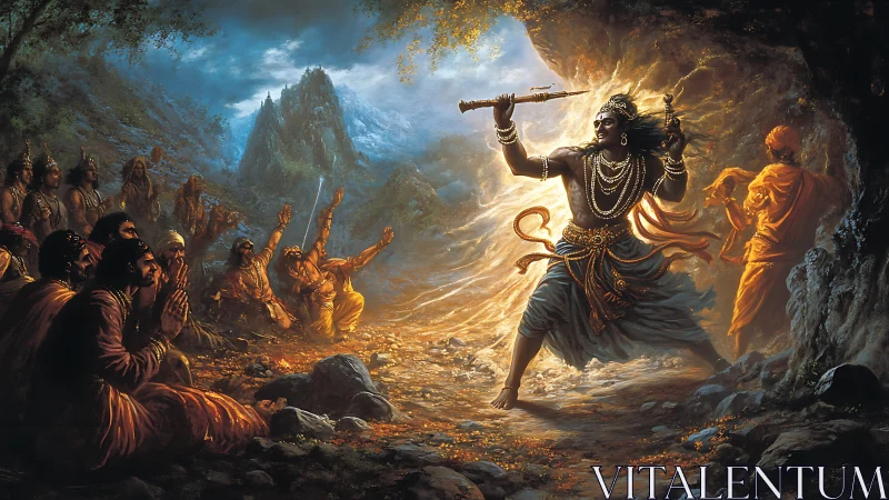 Mythic warrior channels radiant power in stormlit cavern