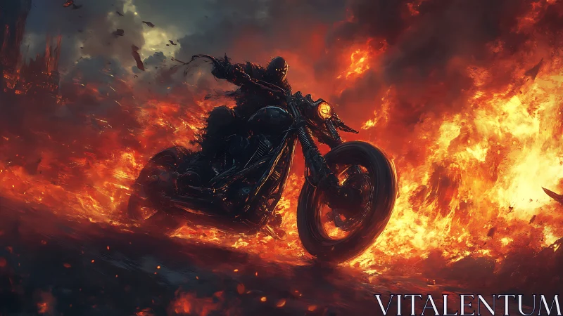 Armored rider on burning motorcycle in fiery wasteland.