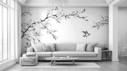 Minimalist living room showcases monochrome cherry blossom mural