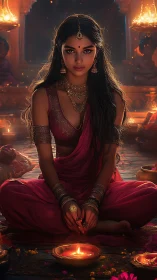 Woman in red attire seated with oil lamps in low light.