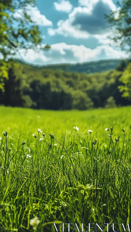 Close view of green meadow grass with distant forest hills.