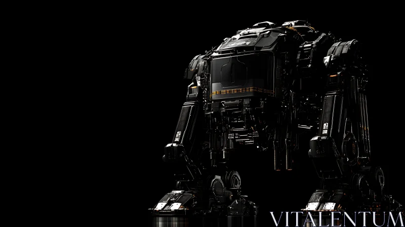Quadrupedal black mech in high-contrast studio lighting.