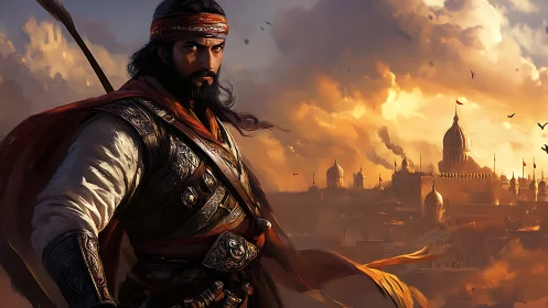 Sunlit warrior gazes over a grand ancient desert city