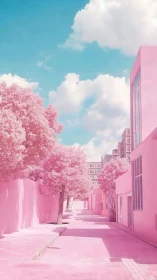 Cotton candy city street glows softly under a calm sky